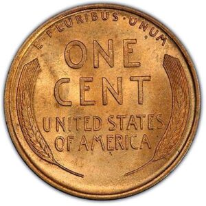 Lincoln Cent, Wheat Reverse (1909-1958) MS65 RD reverse